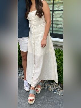 FRNCH Cream Button-Front Midi Dress with Waist Belt